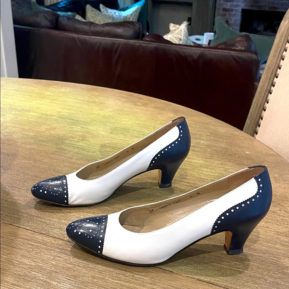 Salvatore Ferragamo Navy and White Heels